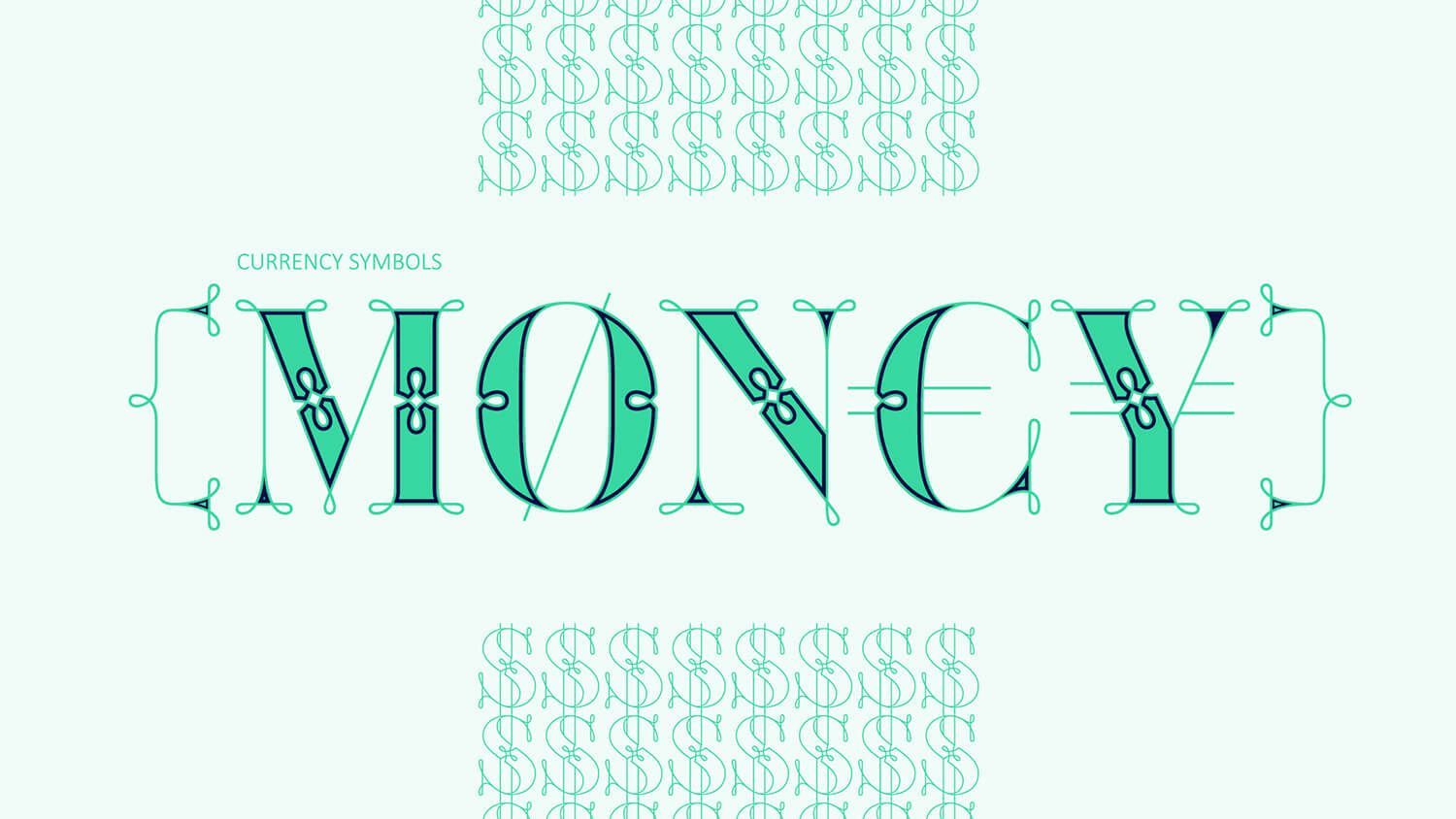 Stylized teal word “MONEY” on a pale background with ornate decorative patterns above and below.