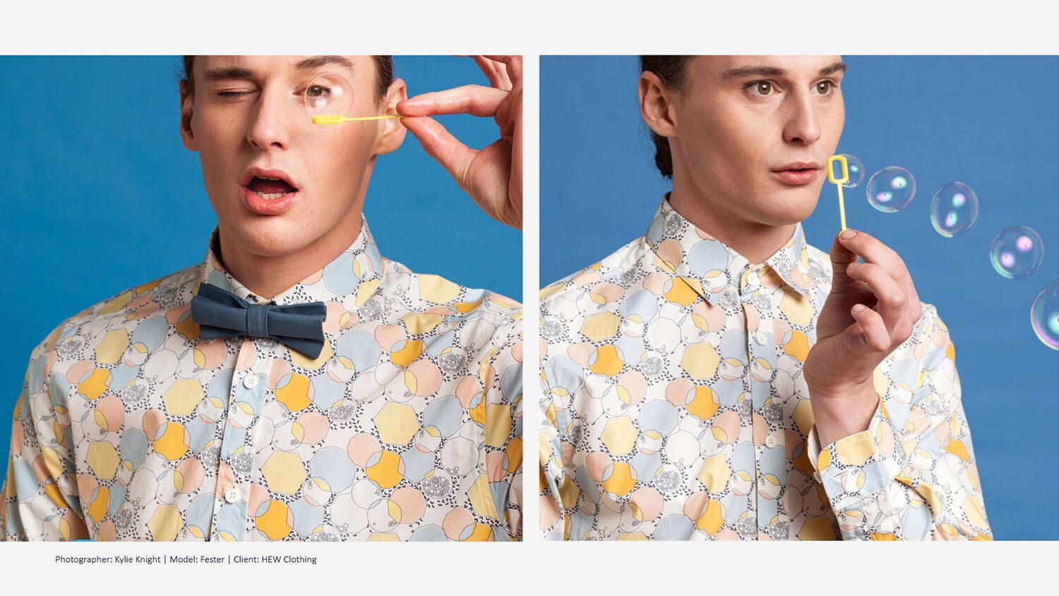 Split-screen portrait of a man in a patterned shirt, touching his face and blowing bubbles on a blue background