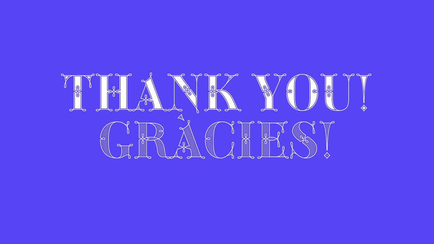 White “THANK YOU / GRACIAS” text on a purple background.