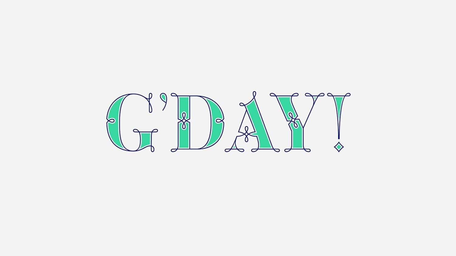 Decorative “G’DAY!” text in teal and lavender on a white background