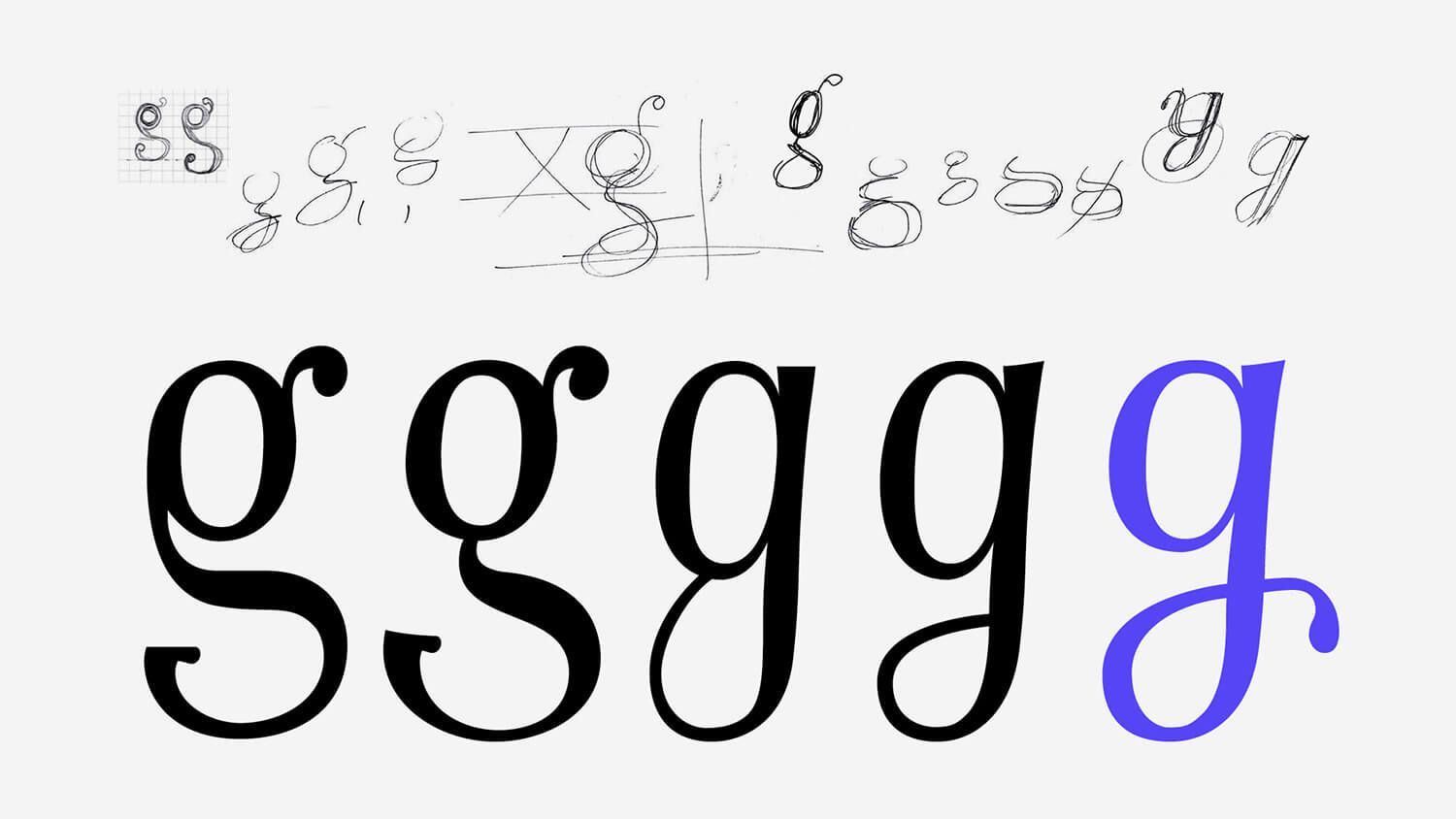 Stylized lowercase g letters in black, with the last g in blue