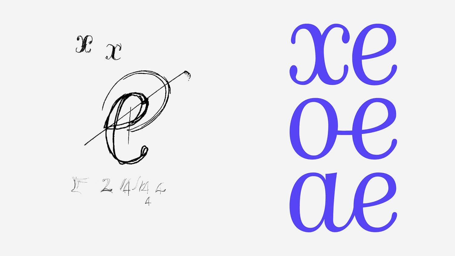 Black-and-white calligraphy sketch beside stacked blue letterforms reading xe, θe, and ae