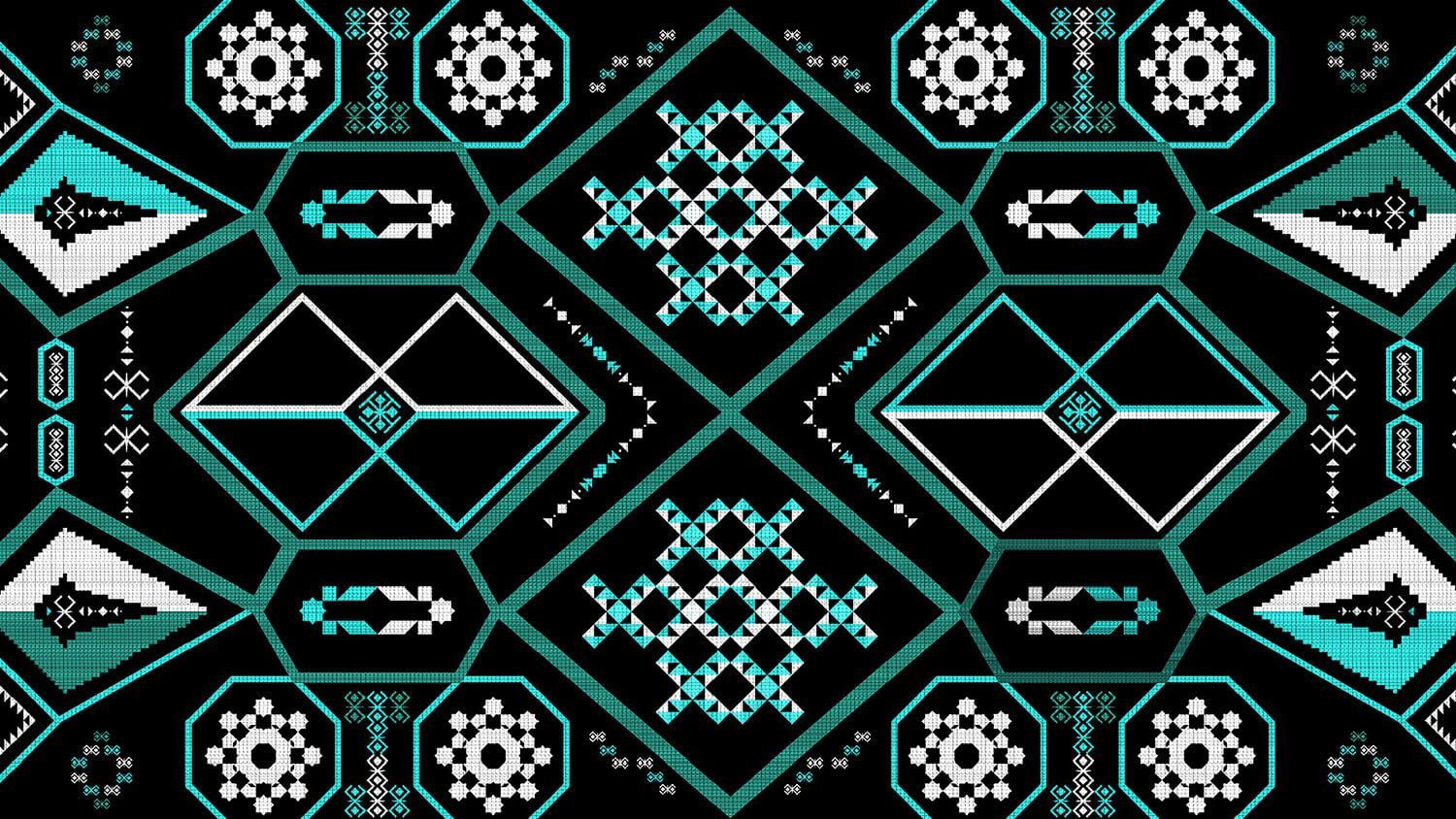 Teal and white geometric mosaic pattern on a black background