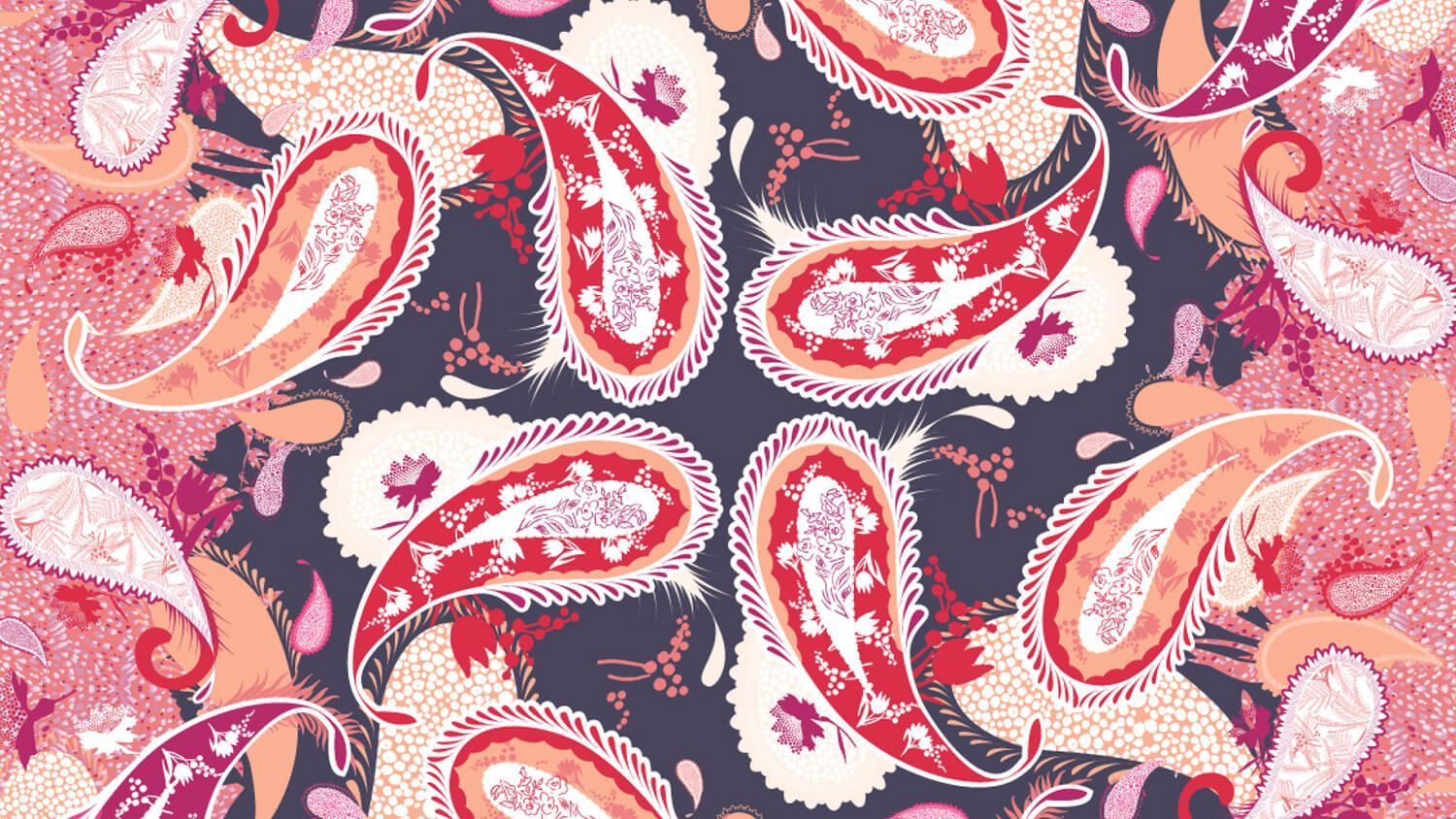 Pink, coral, and cream paisley pattern on a dark background