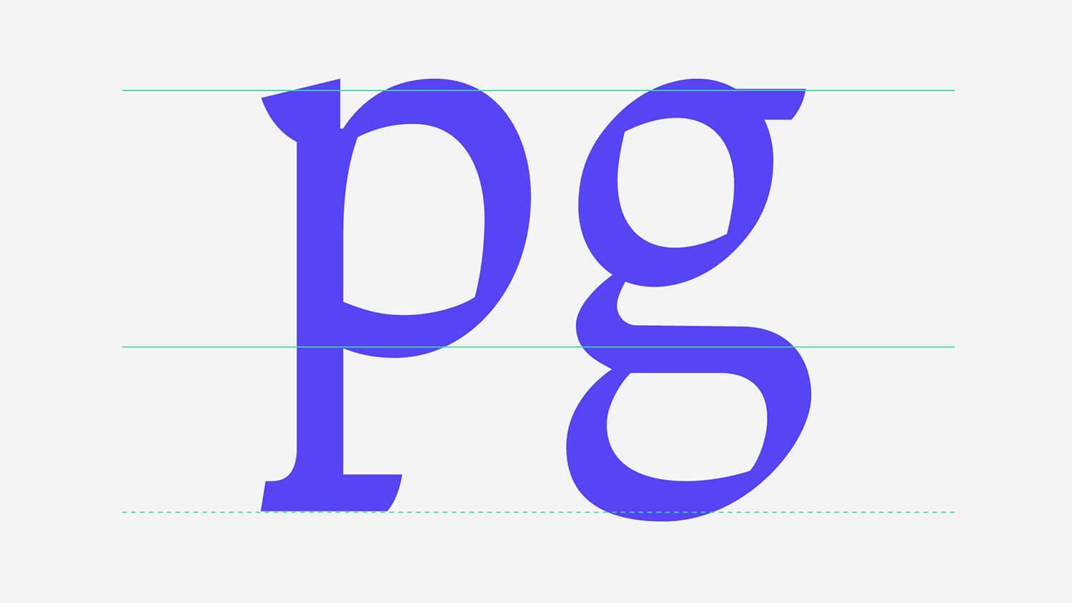 Purple lowercase letters “pg” on a white background with faint horizontal guide lines