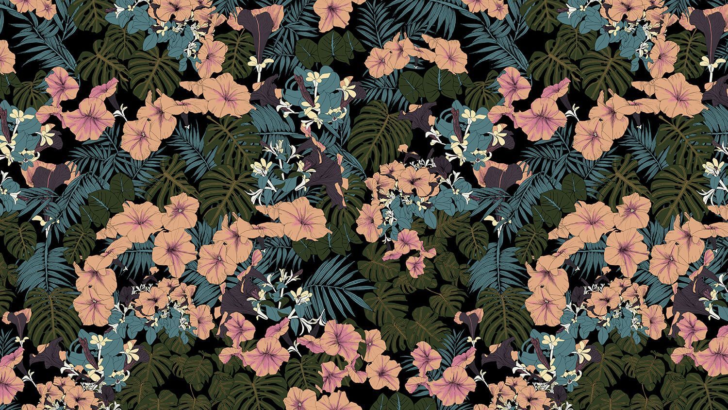 Tropical floral pattern with pink flowers, dark green leaves, and blue foliage on a dark background