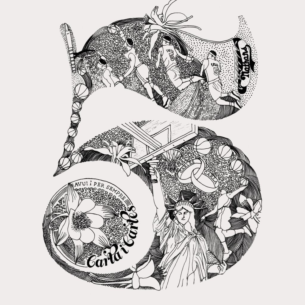 Decorative black-and-white collage forming a stylized number 5 with floral and animal motifs