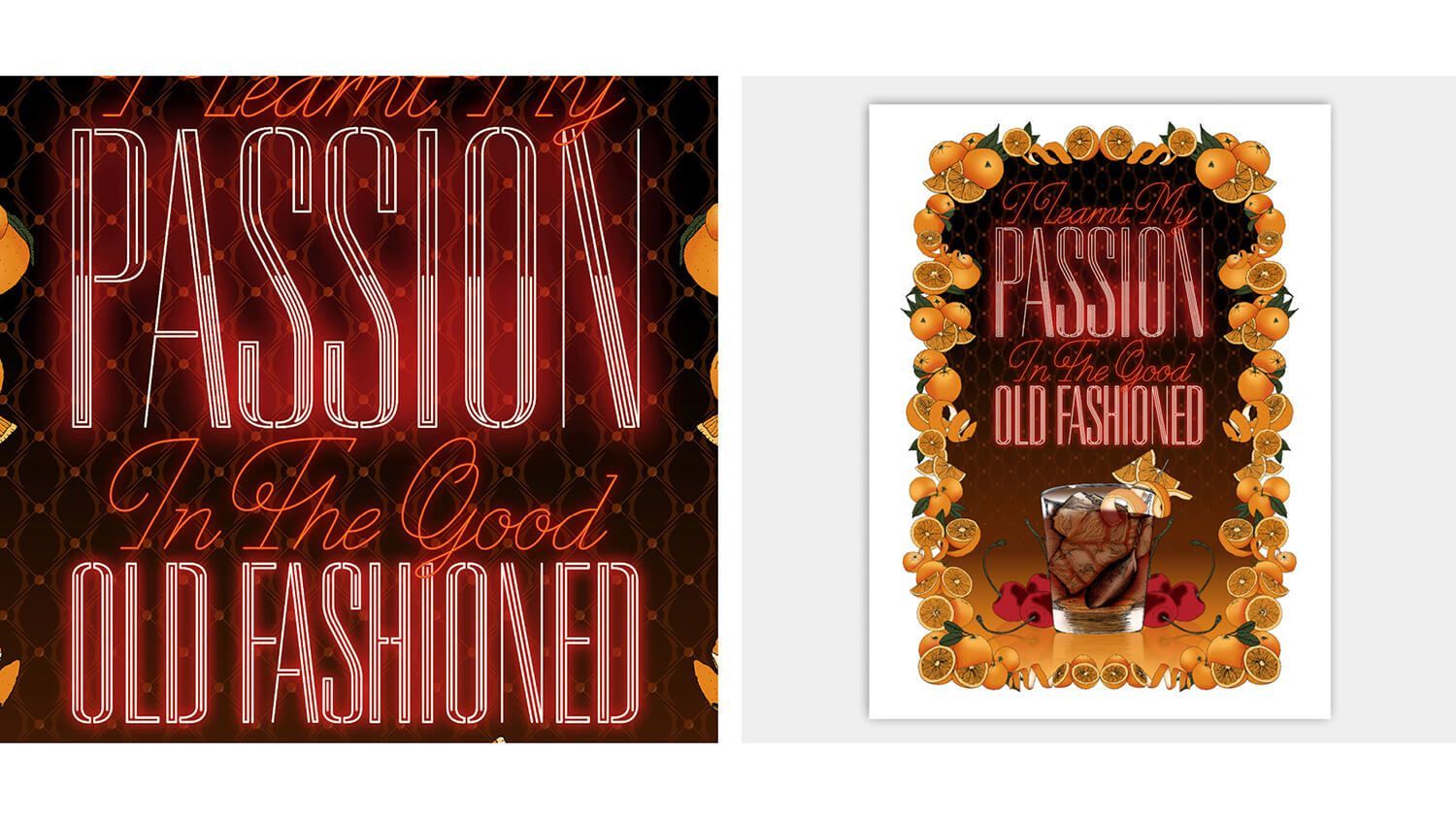 Two vintage-style posters reading “Passion of the Old Fashioned” with ornate red and gold designs.