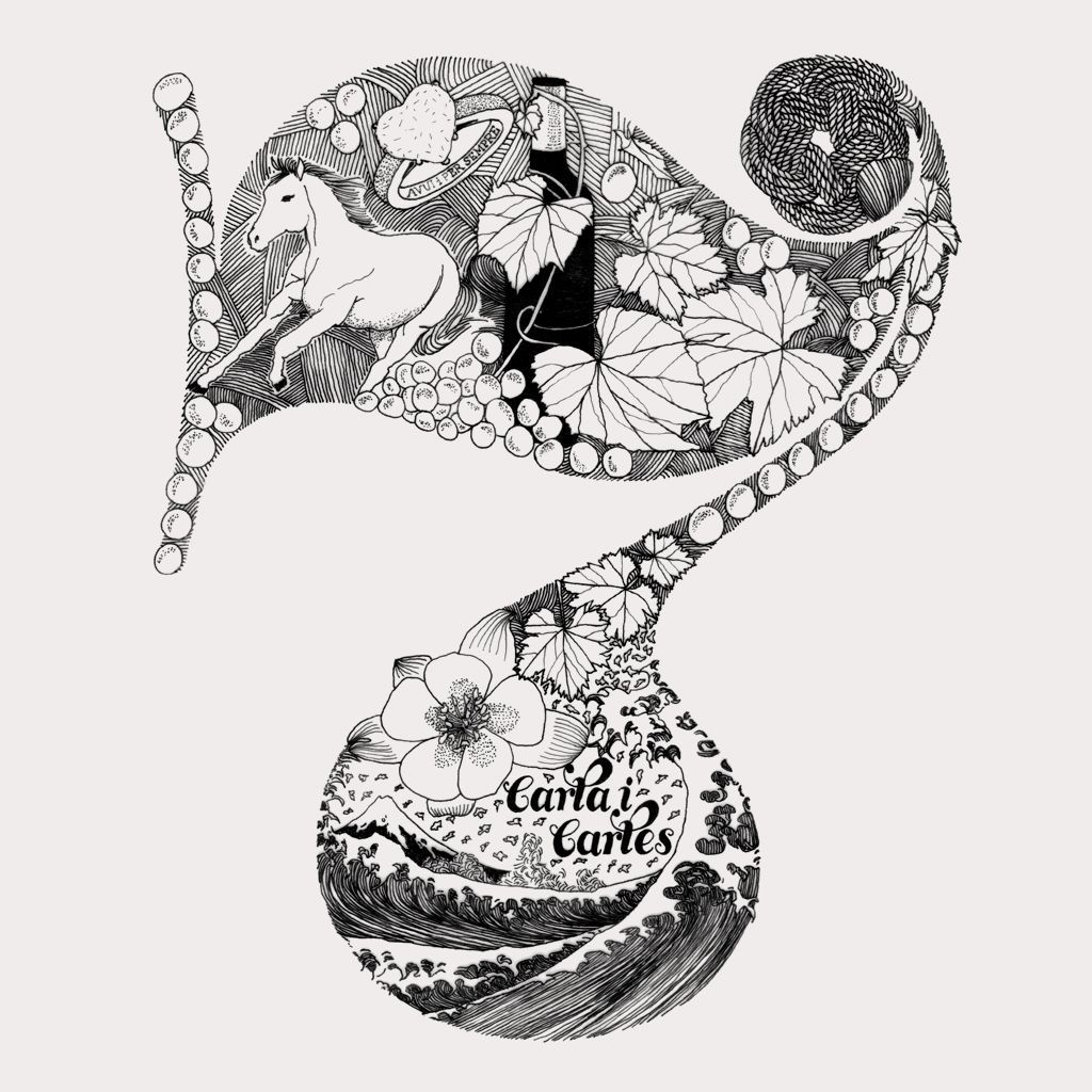 Black-and-white floral guitar illustration with a patterned body and decorative vines