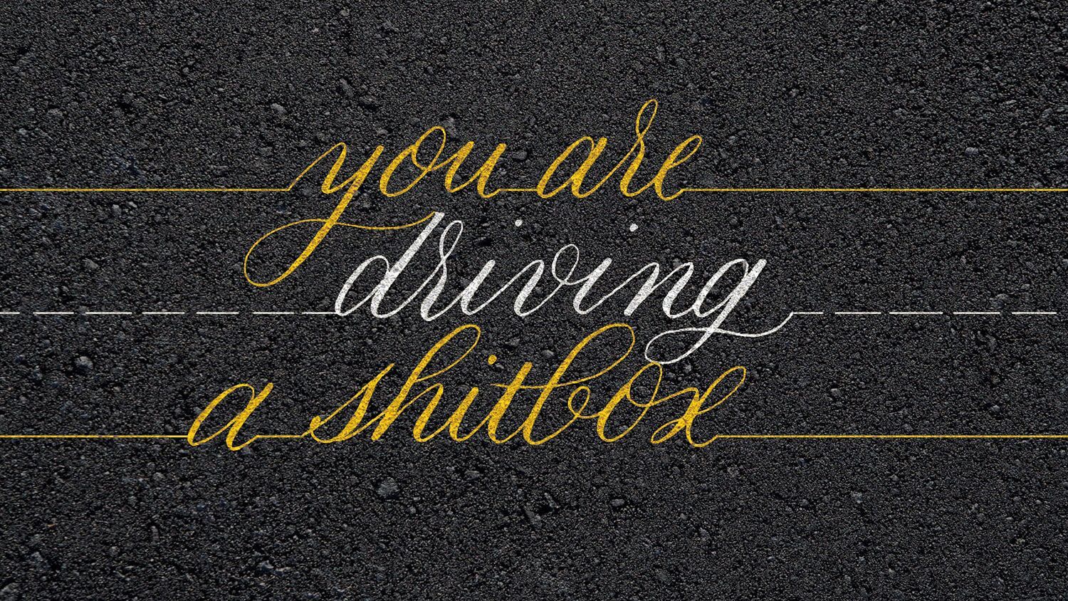Yellow script text on a dark static background reads, “you all are a shitload.”