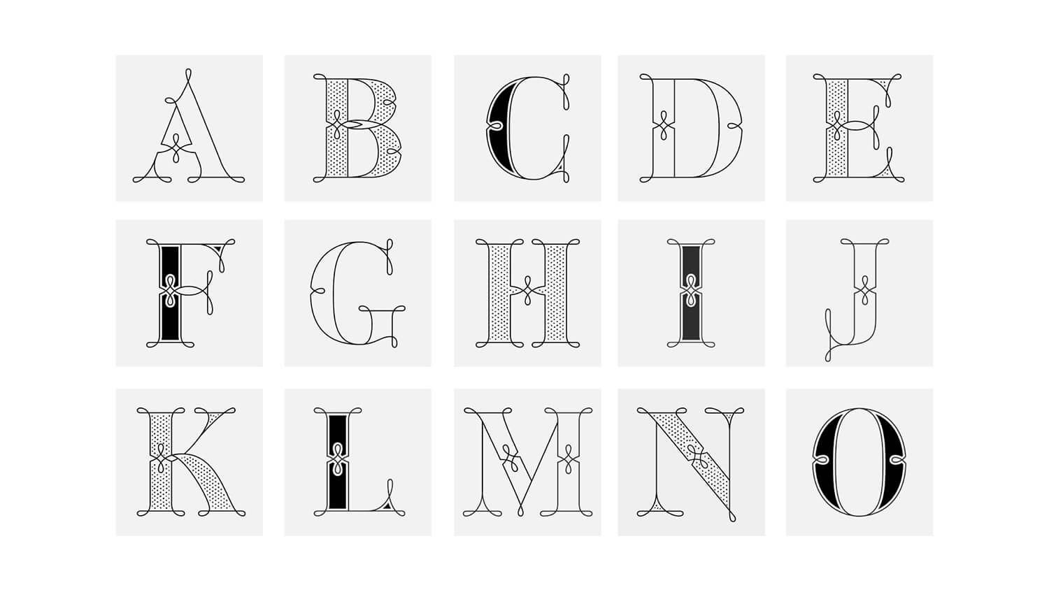 Grid of decorative serif alphabet letters A through O on a white background.