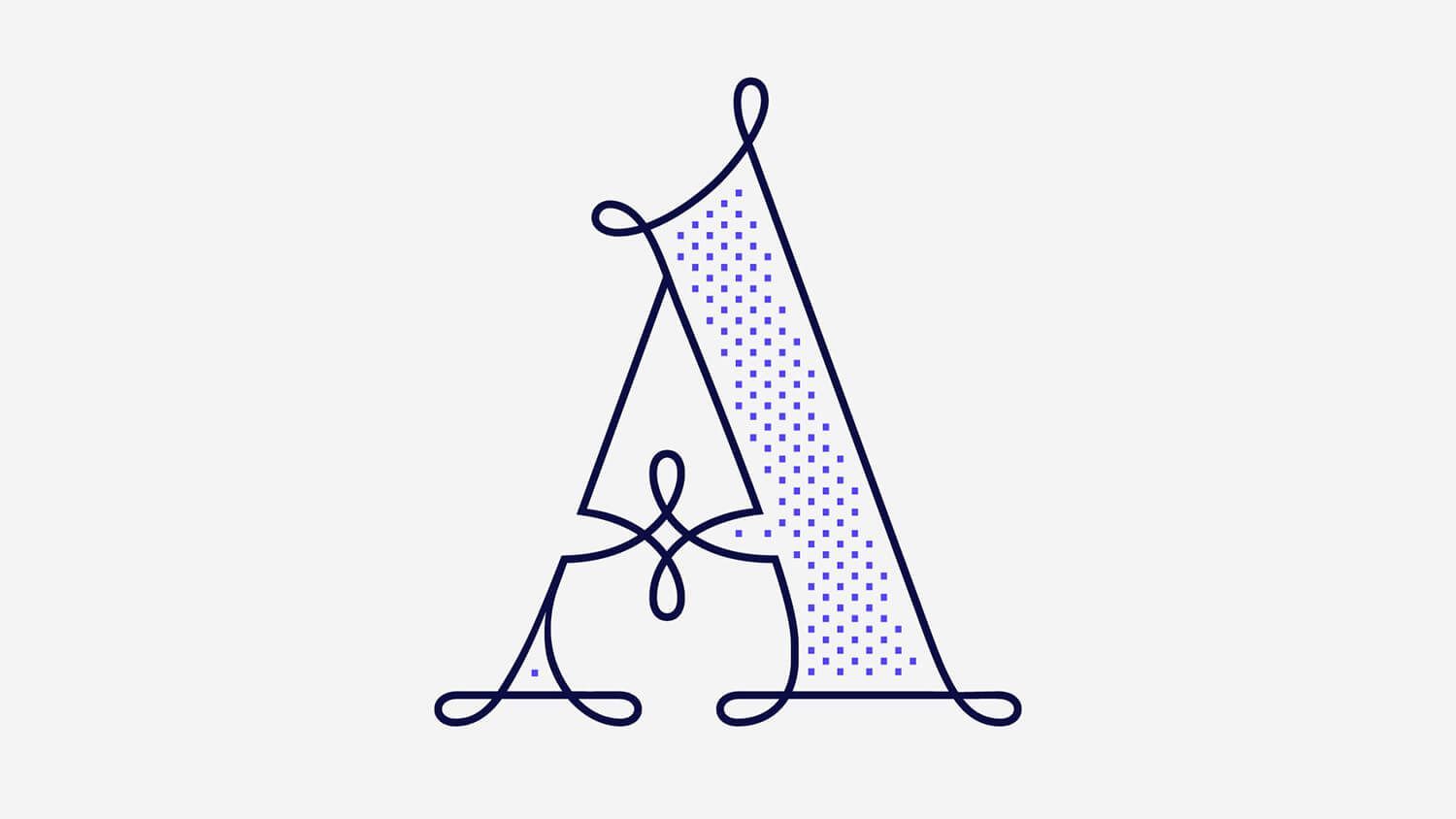 Stylized purple letter A with decorative loops and a dotted triangular fill on a white background