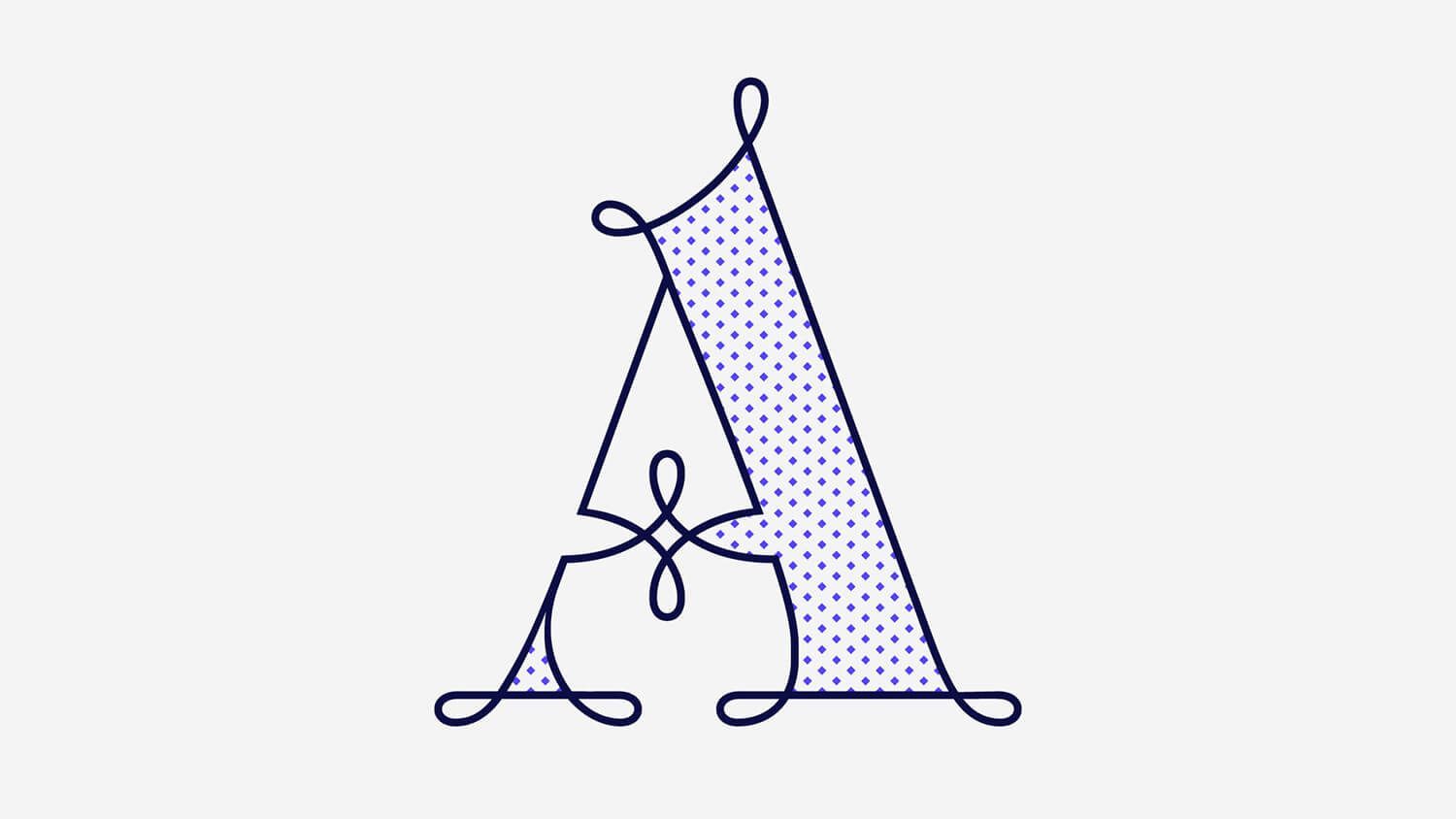 Stylized purple letter A with decorative floral lines on a white background