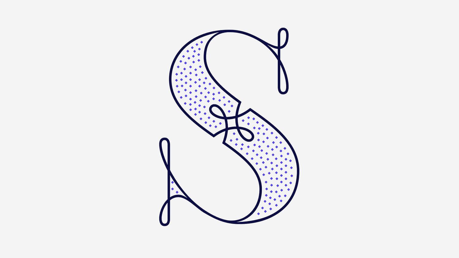 Decorative purple dotted letter S with looped flourishes on a white background