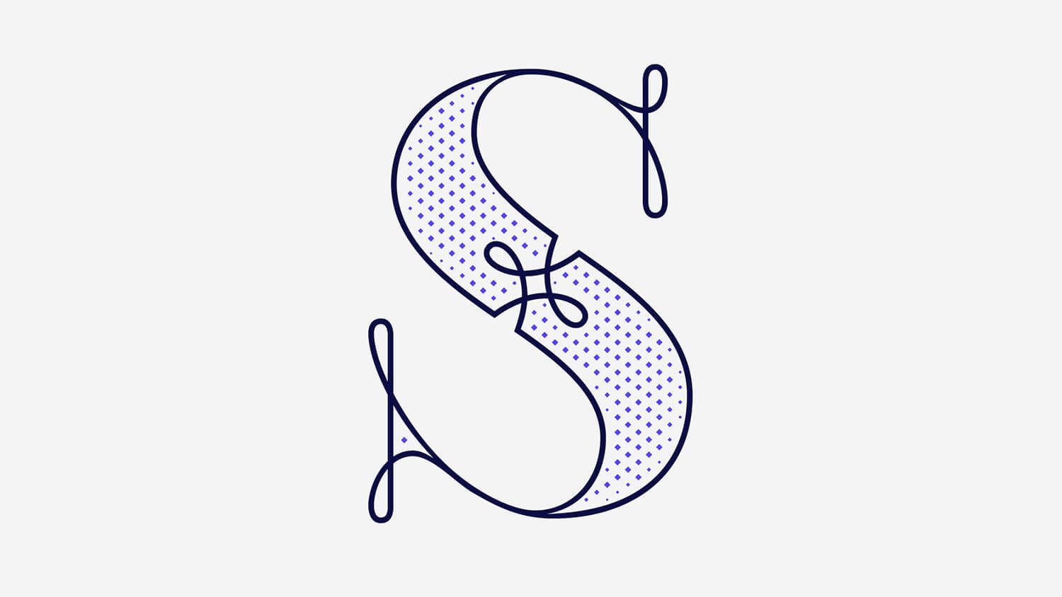 Decorative purple polka-dot letter “S” with looped flourishes on a white background
