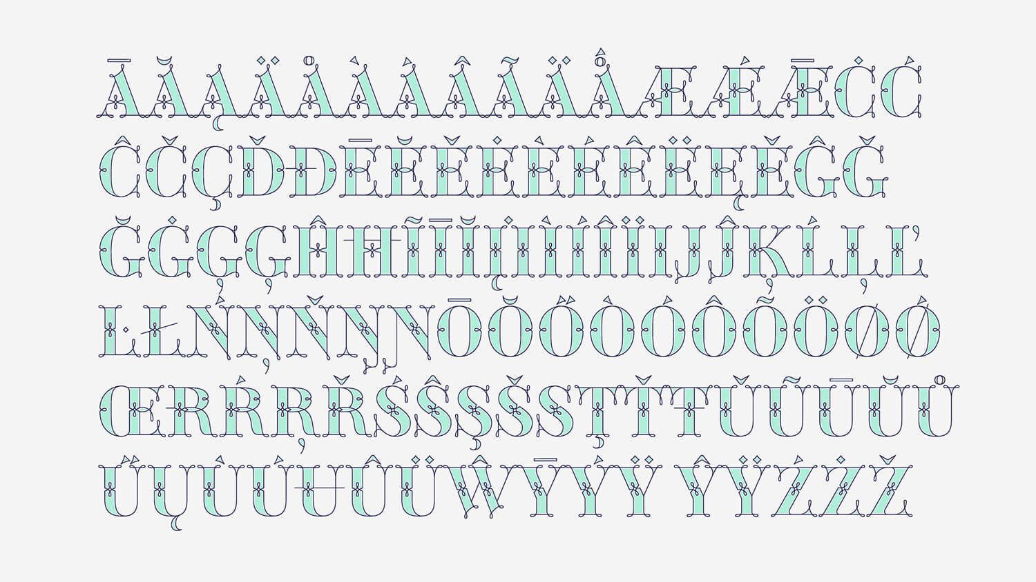 Gray alphabet chart with uppercase and lowercase letters arranged in rows on a white background