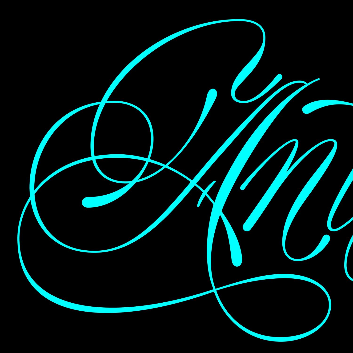 A bright cyan, elegant calligraphic script on a black background, spelling out part of a name.