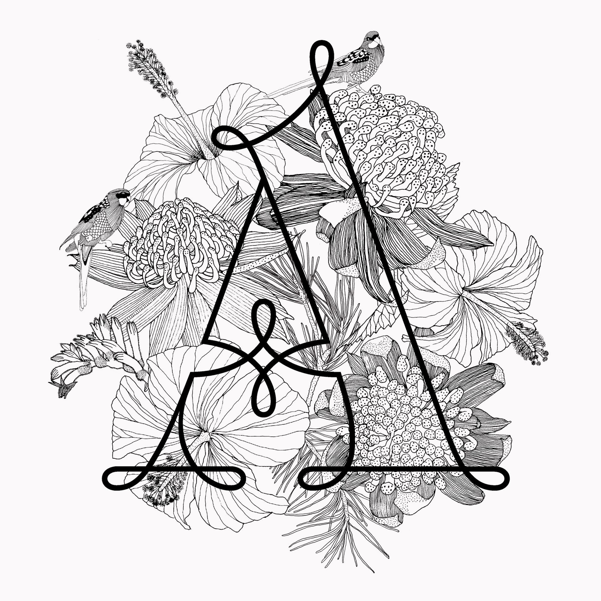 A typographic line art of overlapping triangles and loops over a floral sketch background