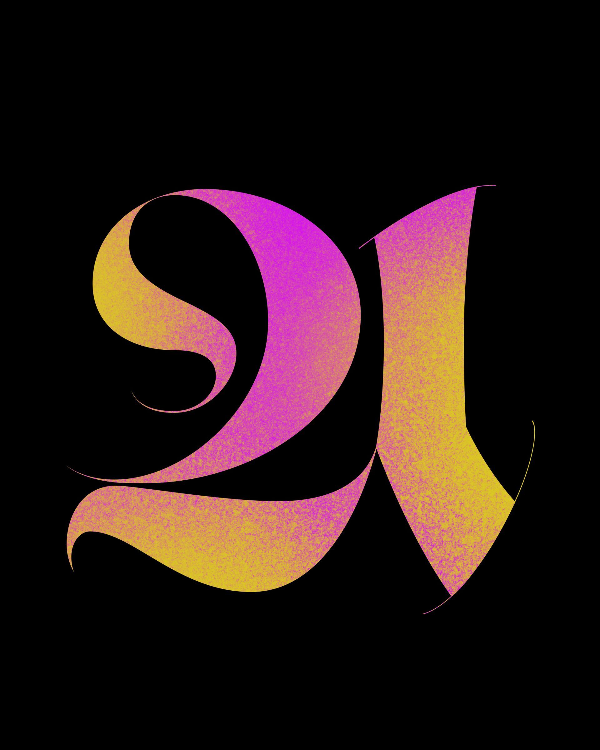 Stylized “A” in pink, purple, and gold gradient on a black background