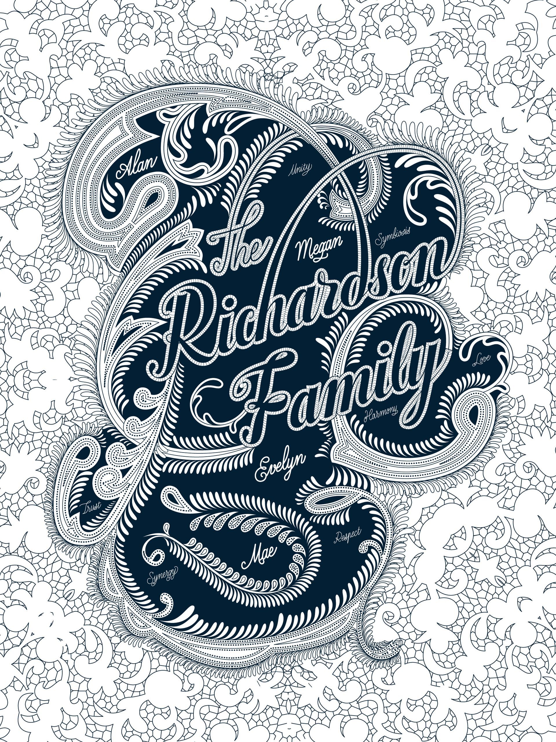 Blue-and-white decorative family monogram with ornate script on a speckled background