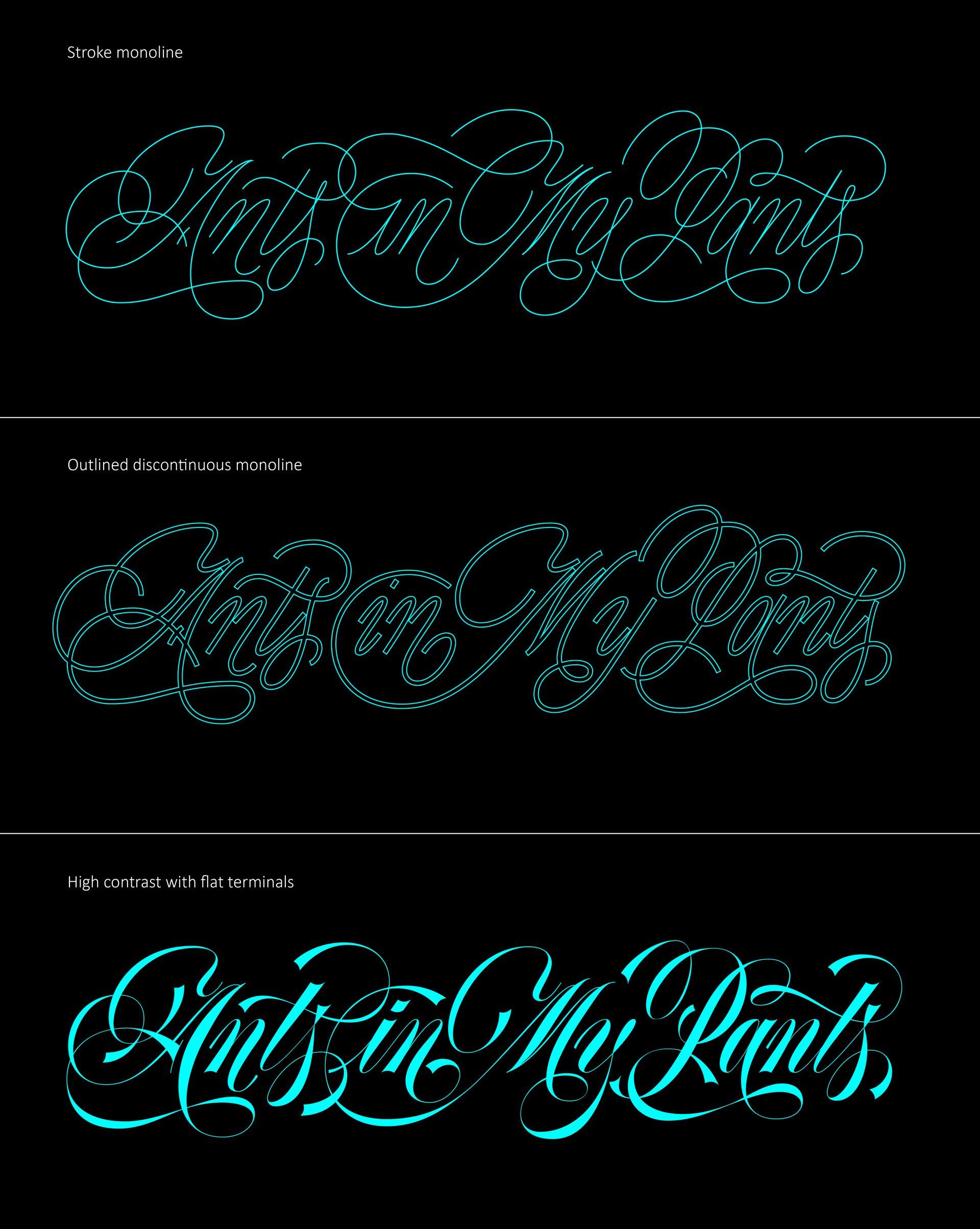 Three glowing turquoise cursive logos on black background, with decorative sparkles and soft neon outlines