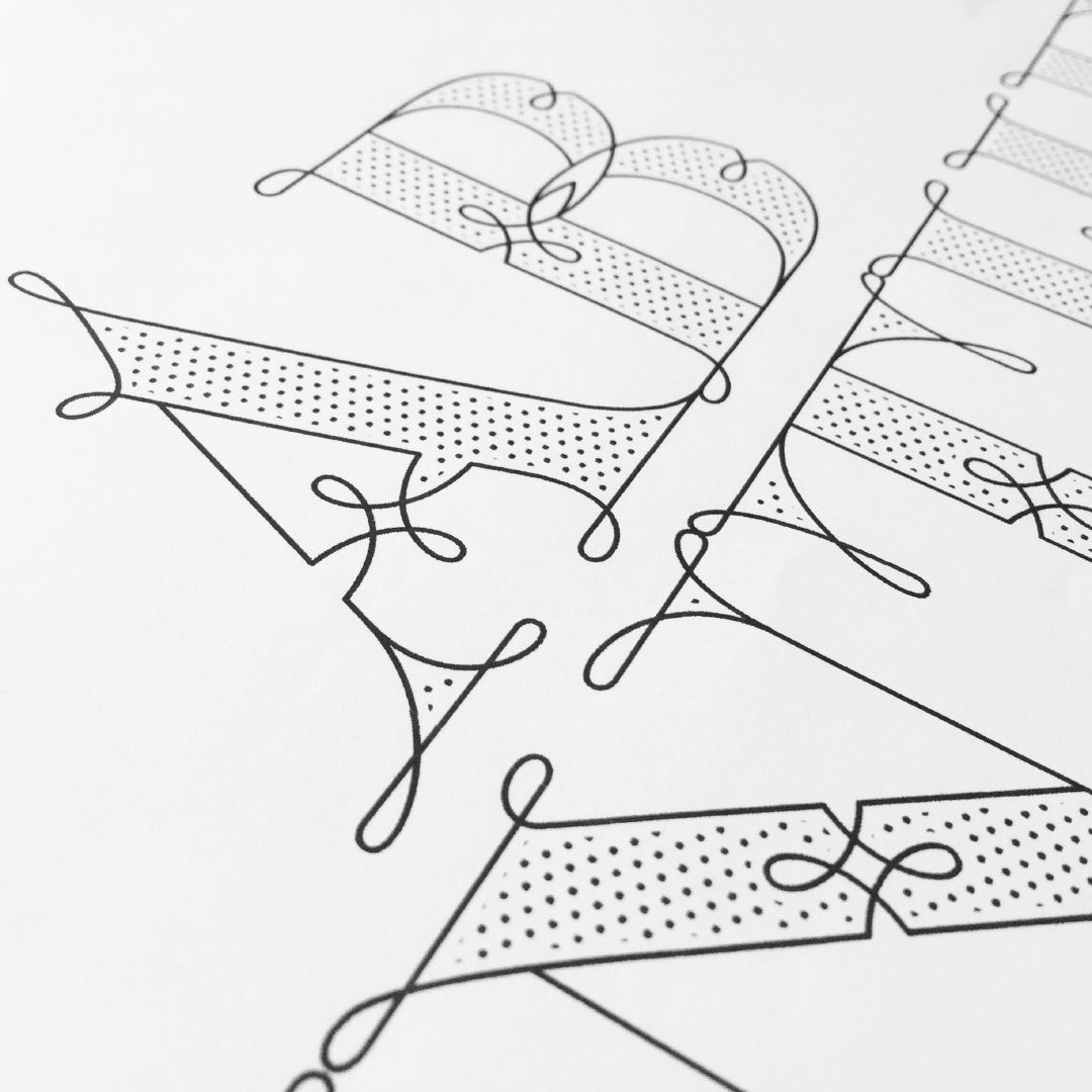 Abstract line drawing of patterned ribbon-like forms crossing on a white background
