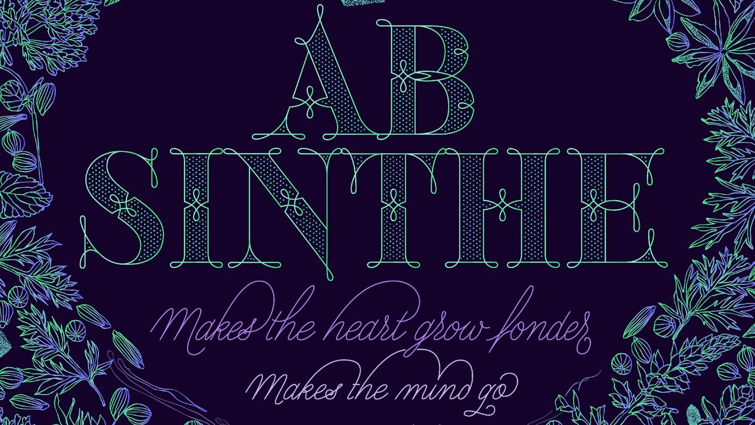 Decorative floral quote graphic on a dark purple background reading “AB SINTHE” with script text below.