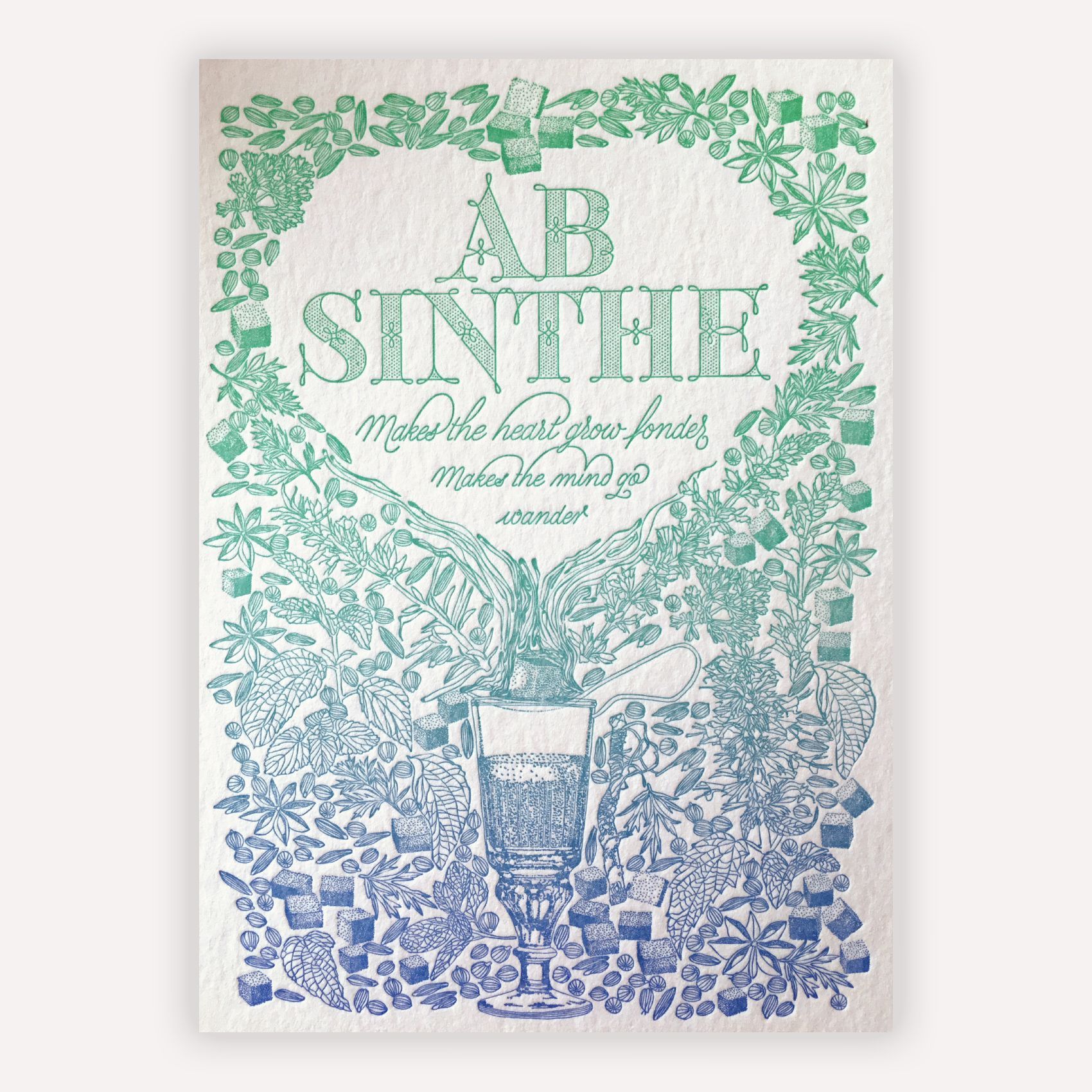 Pastel blue-green and lavender floral poster reading “AB SIN THE” with ornate, vintage-style typography