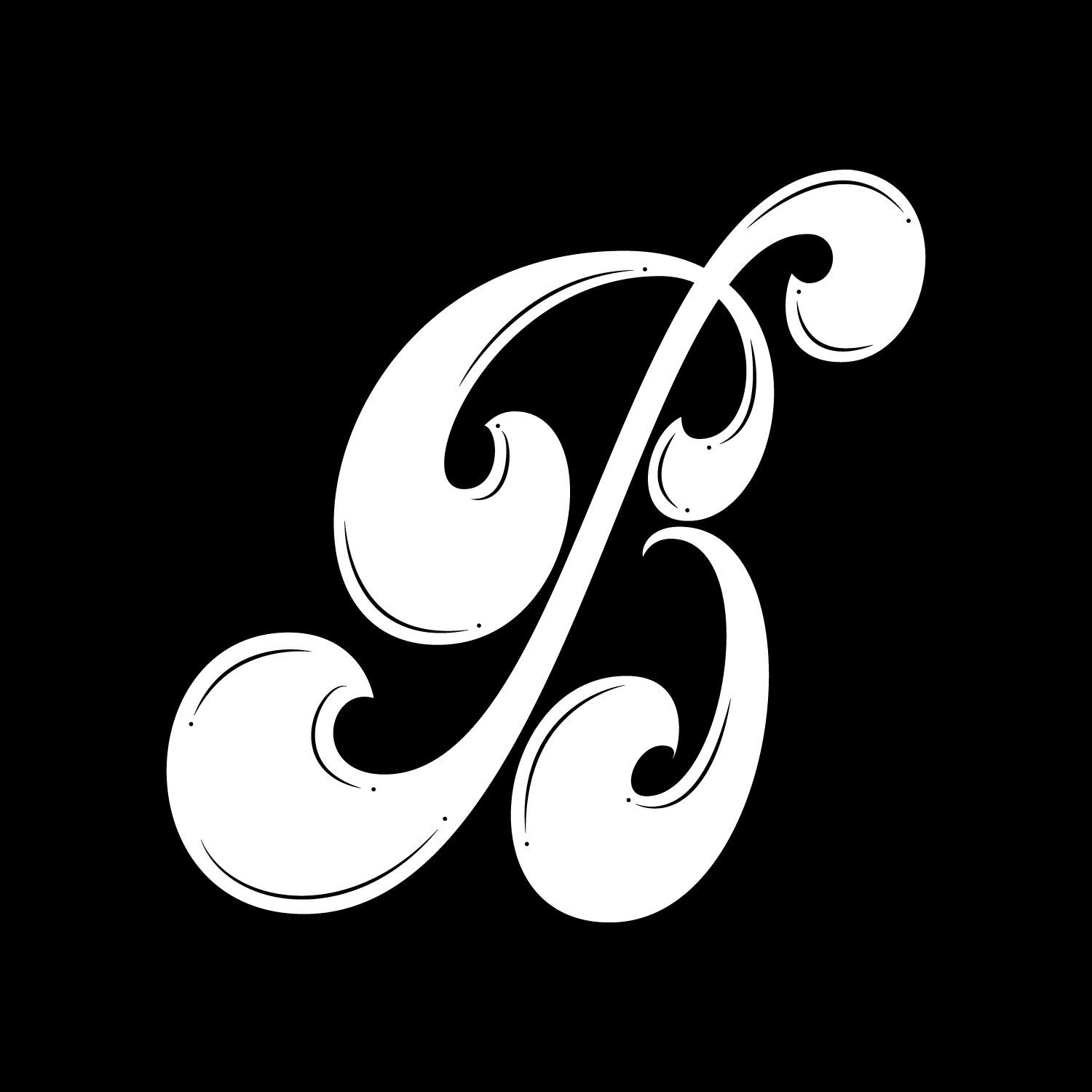 A stylized, white, cursive capital letter