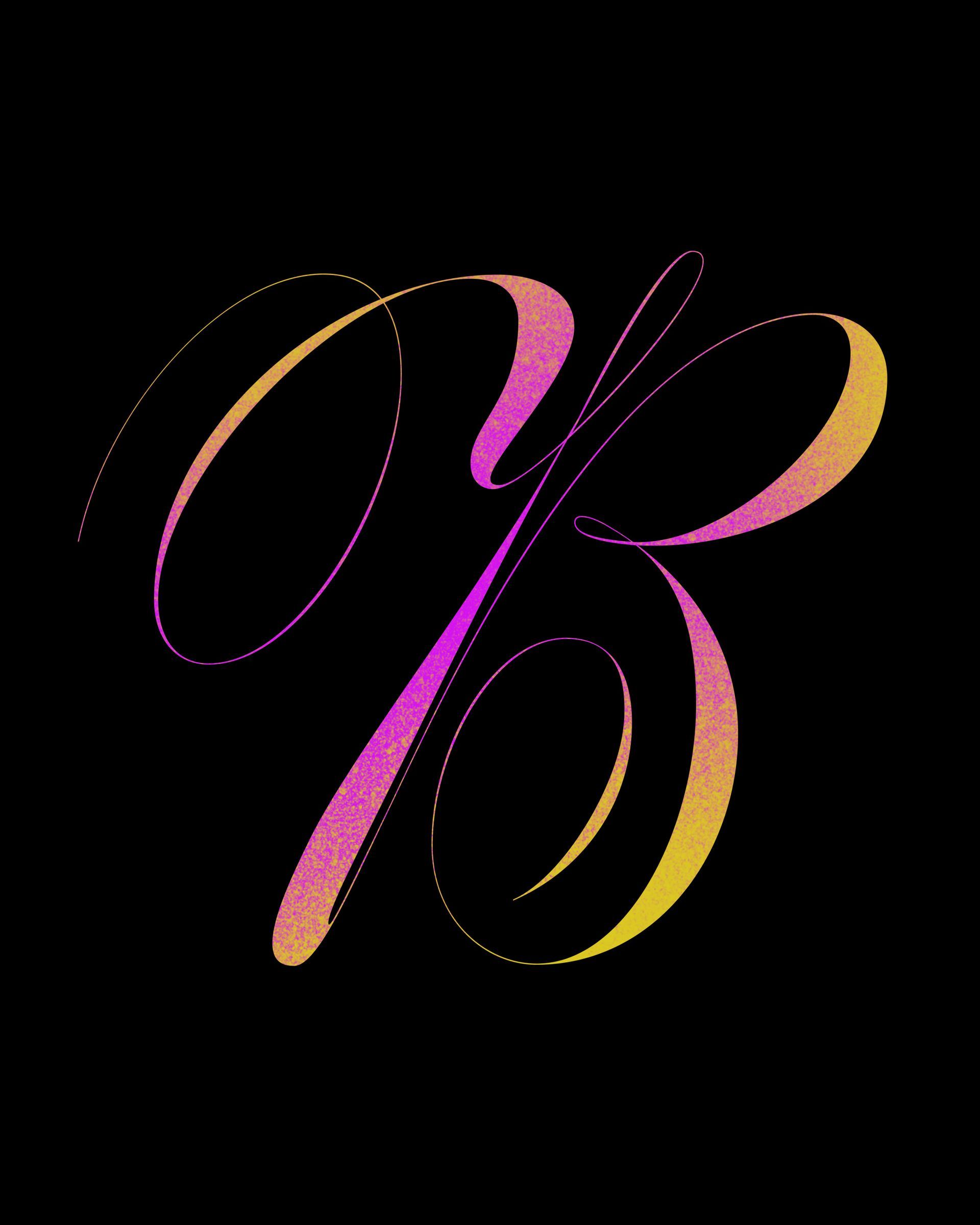 Stylized cursive letters “B” in pink, gold, and purple gradient on a black background