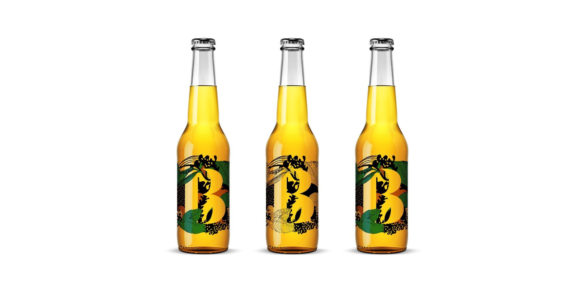 Three yellow beer bottles with green labels on a white background