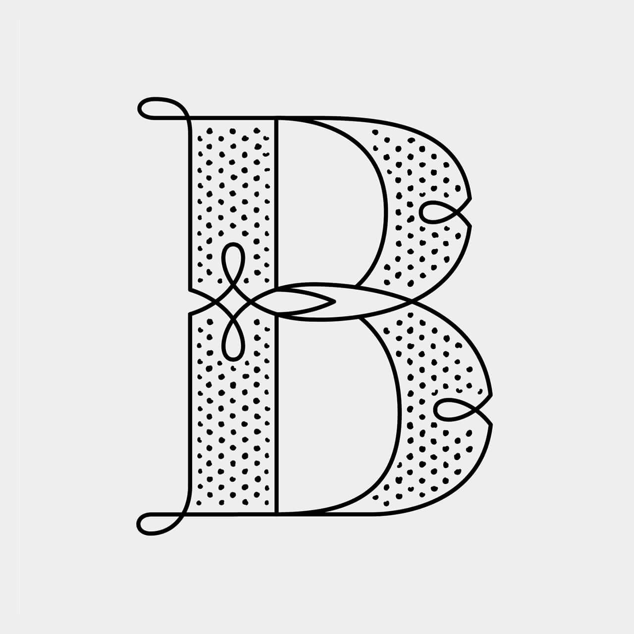 Green Fairy Font. Decorative letter B in black outline with dotted and striped fill.