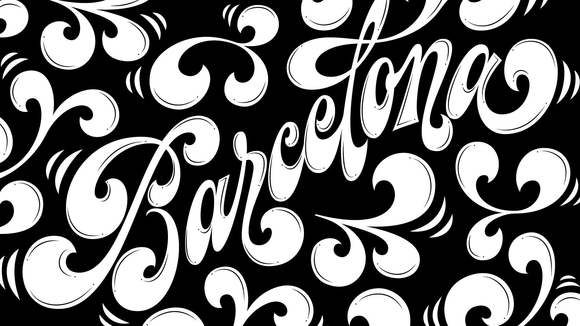 Black-and-white decorative script reading “We’re all one” with swirling floral flourishes