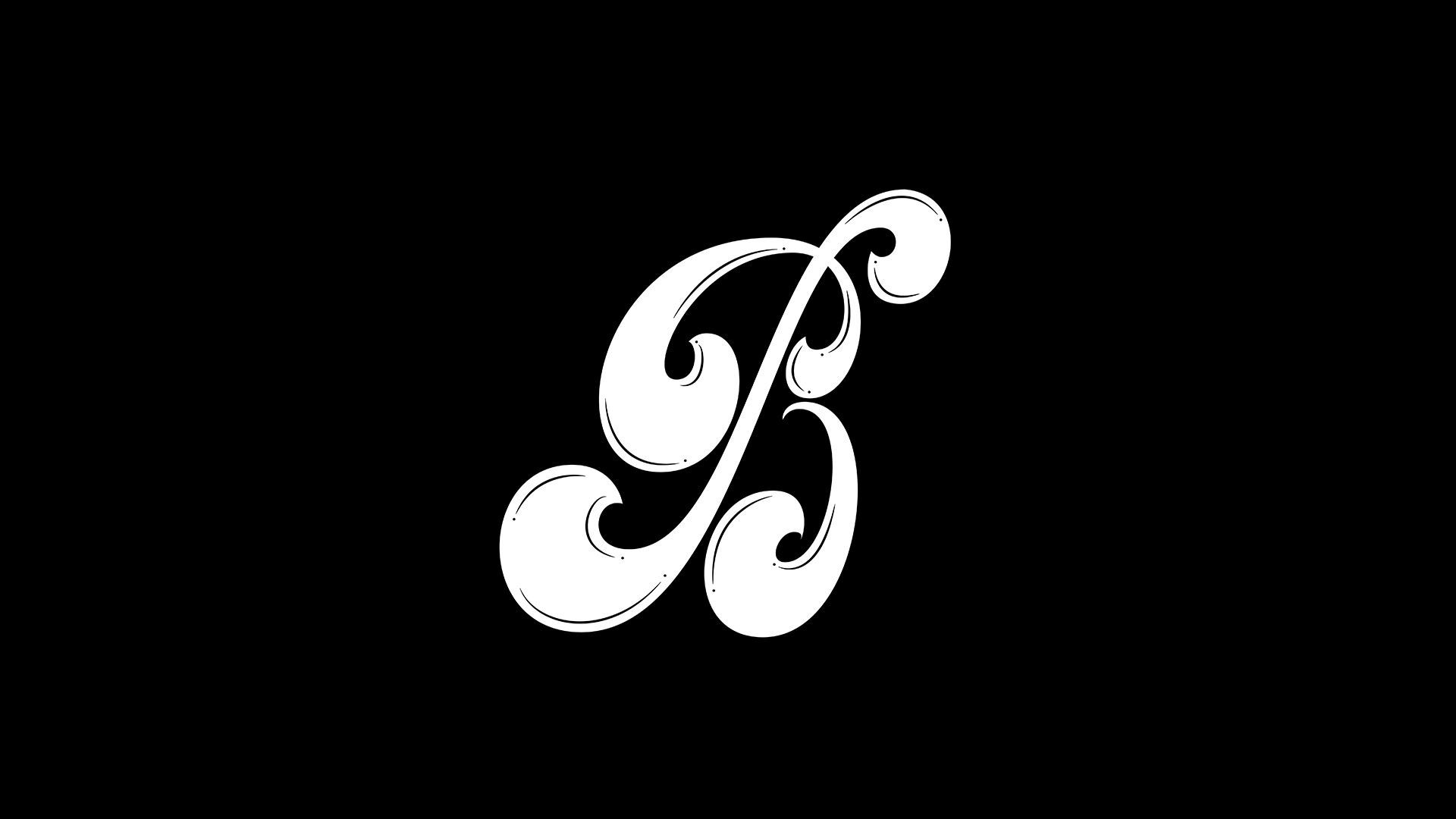 White ornate cursive letter “B” on a black background