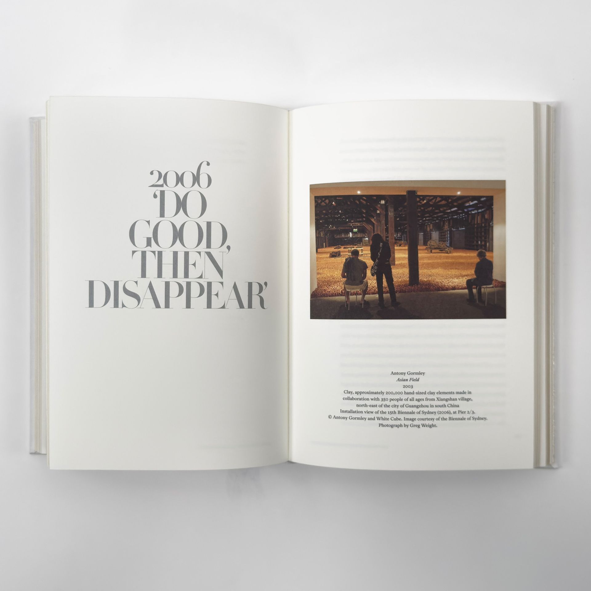 Open book with “To good, then disappear” on left and a warm-toned photo on the right page