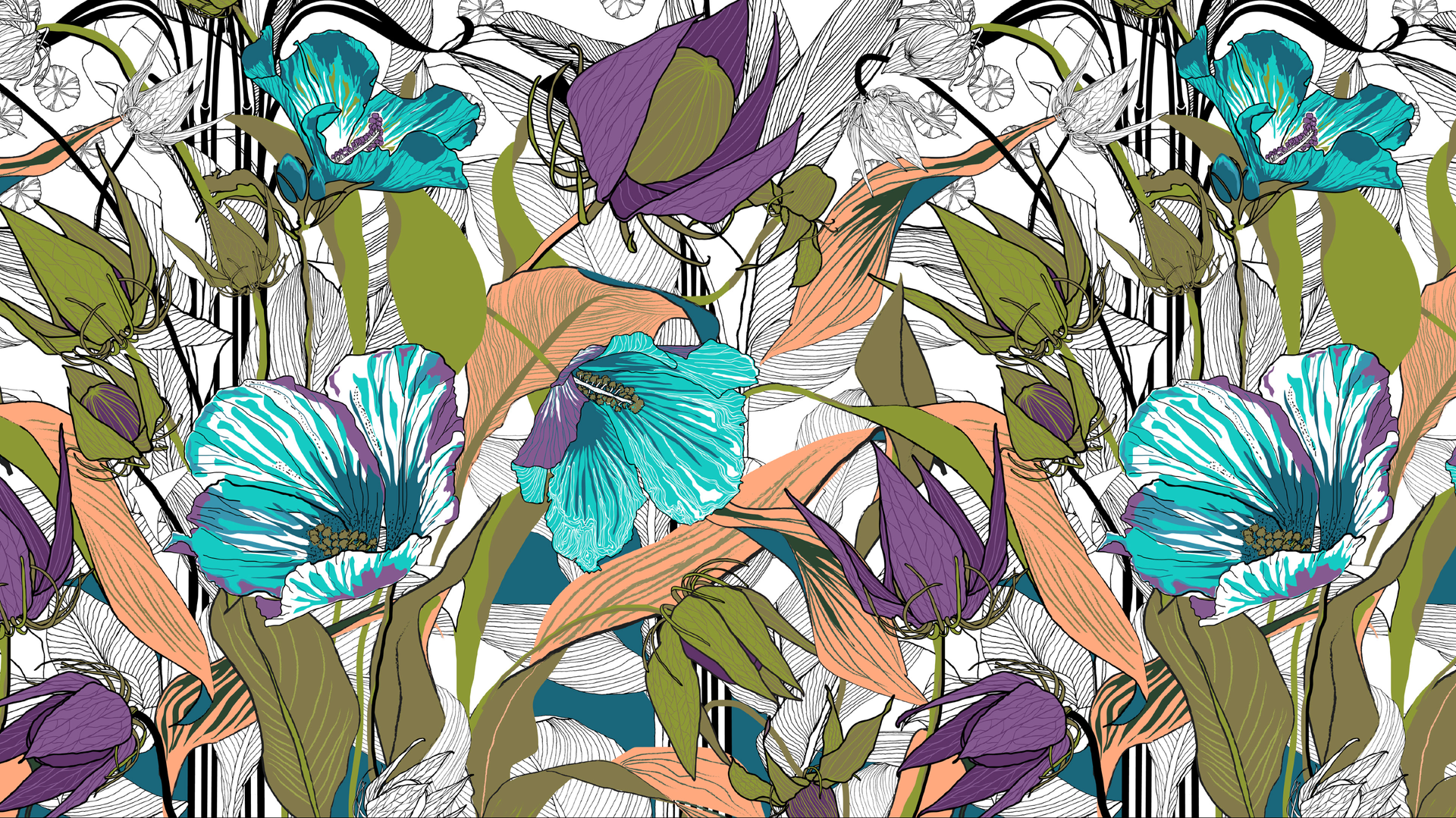 Abstract botanical pattern with turquoise, purple, and olive tropical leaves and flowers on a white background