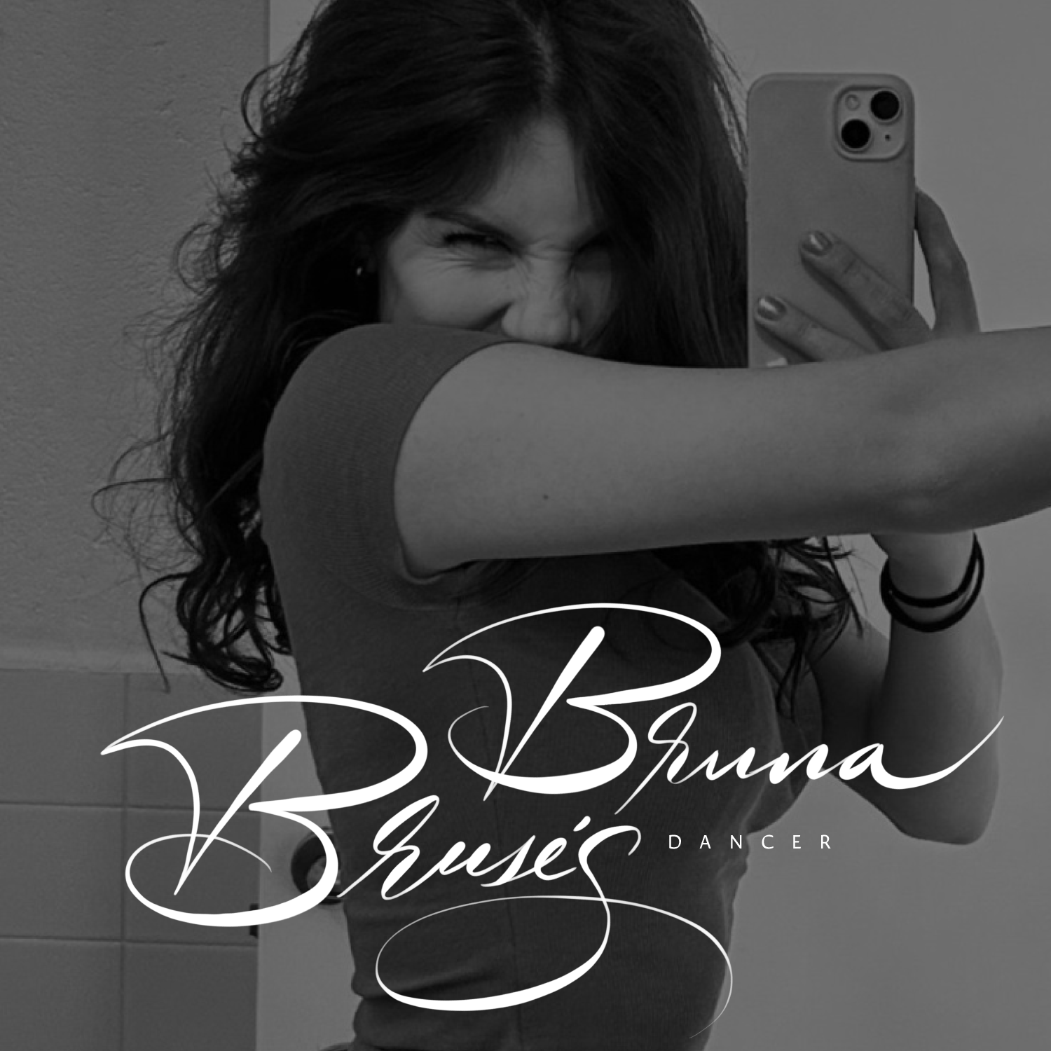 Woman taking a mirror selfie with a phone; black-and-white graphic with stylized “Bonna Brujes” text.