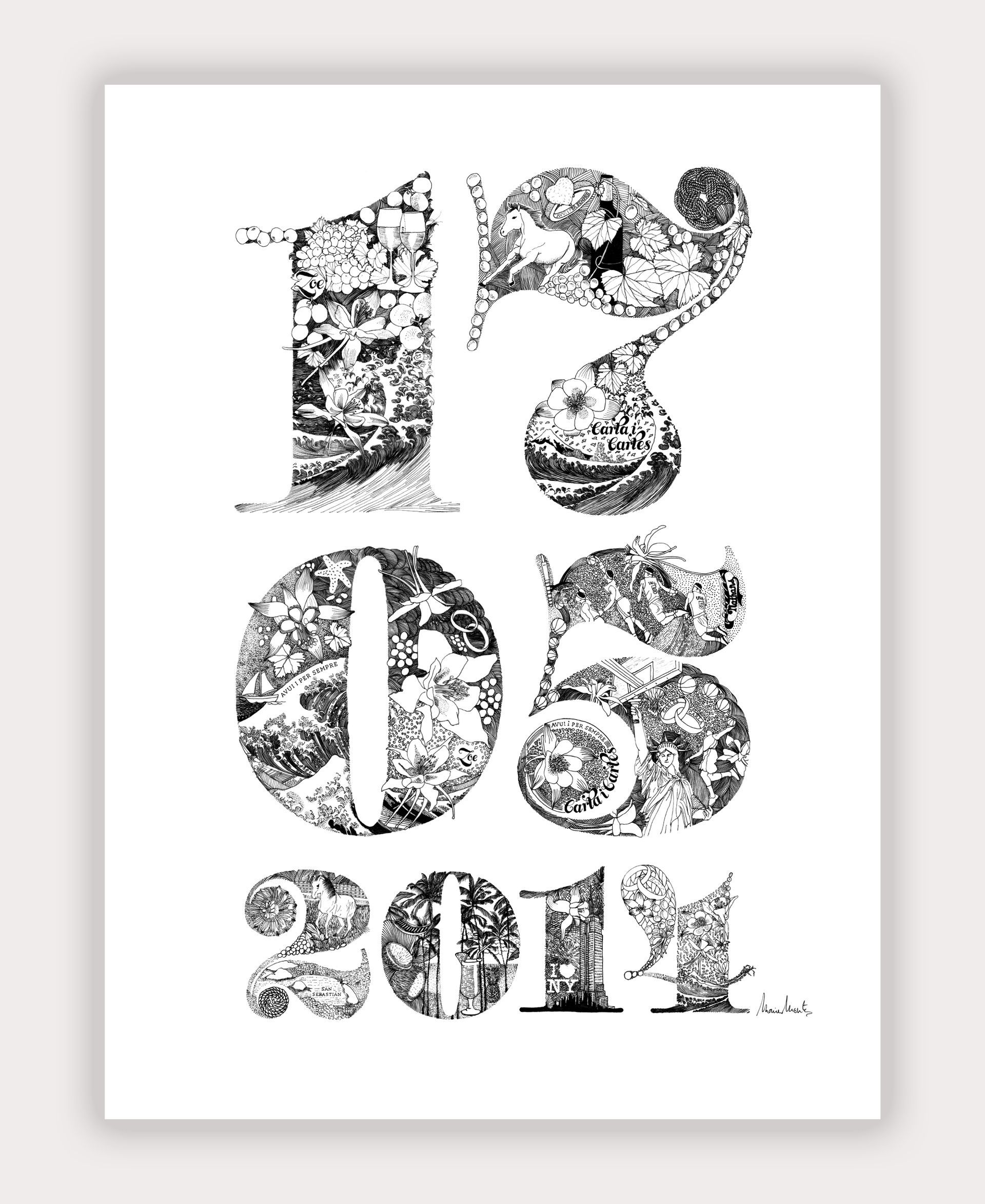 Stylized black-and-white numbers and decorative text arranged on a white poster.