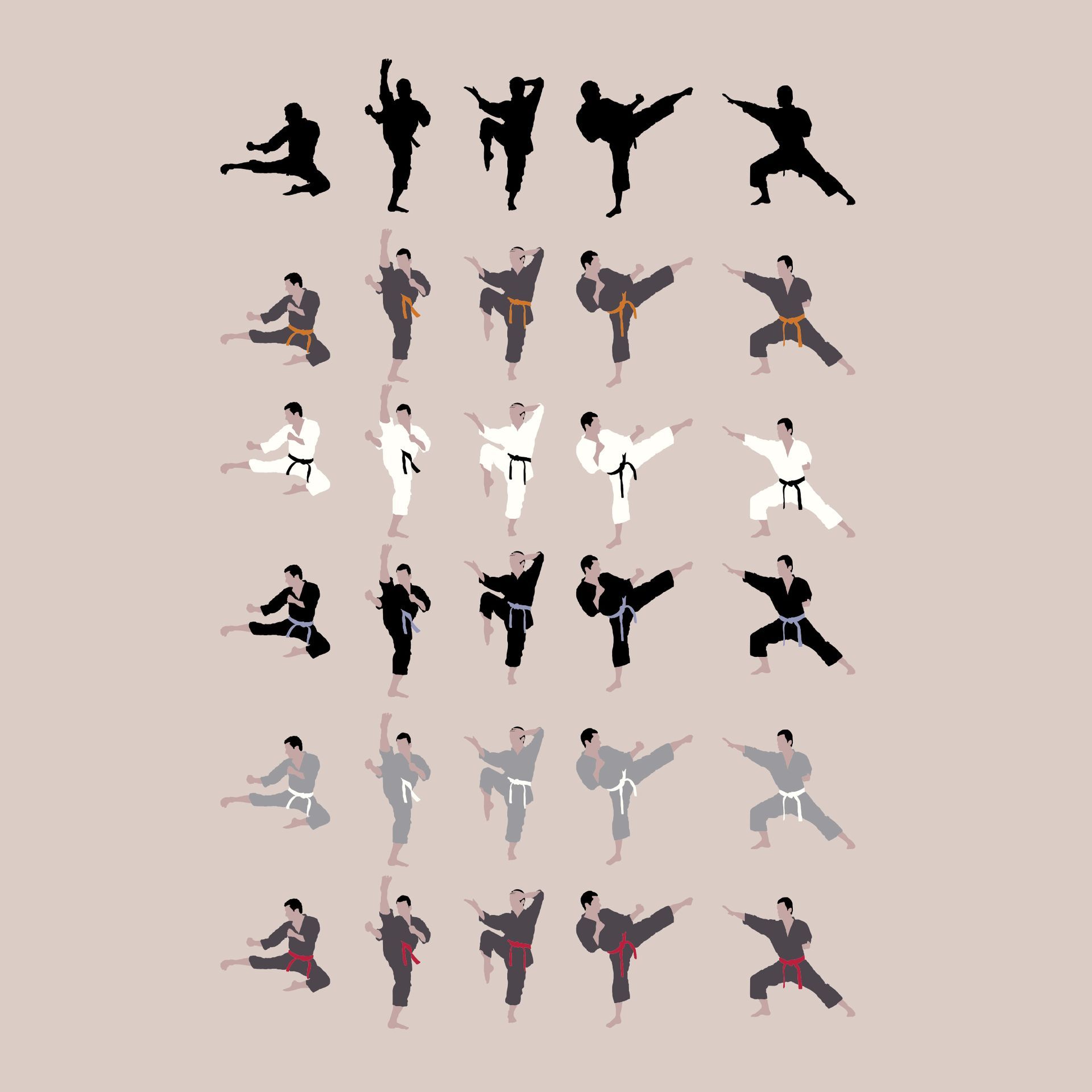 Multiple rows of a dancing silhouette repeated in black, gray, white, and pink on a beige background
