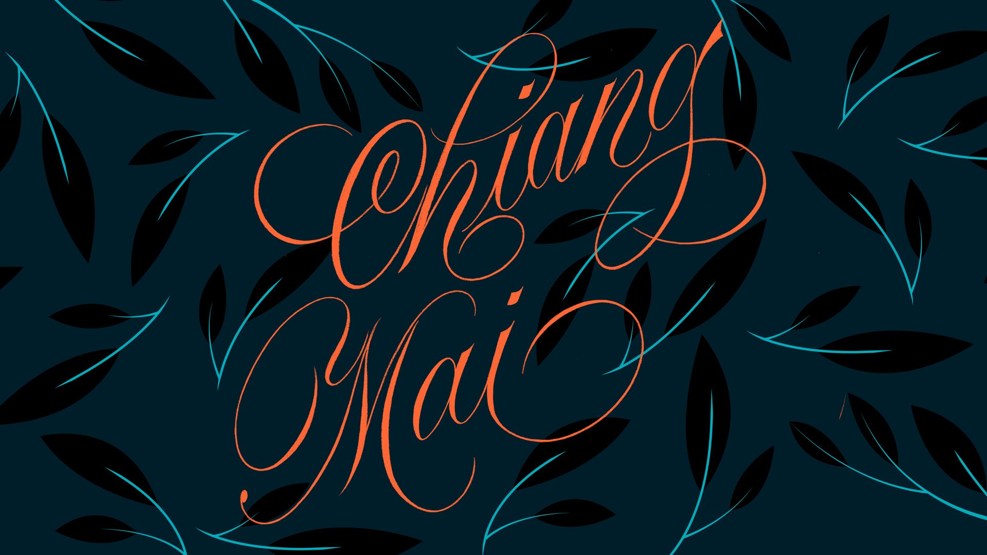 Ornate copper script reading “Chiang Mai” on a dark teal background with black leaf patterns