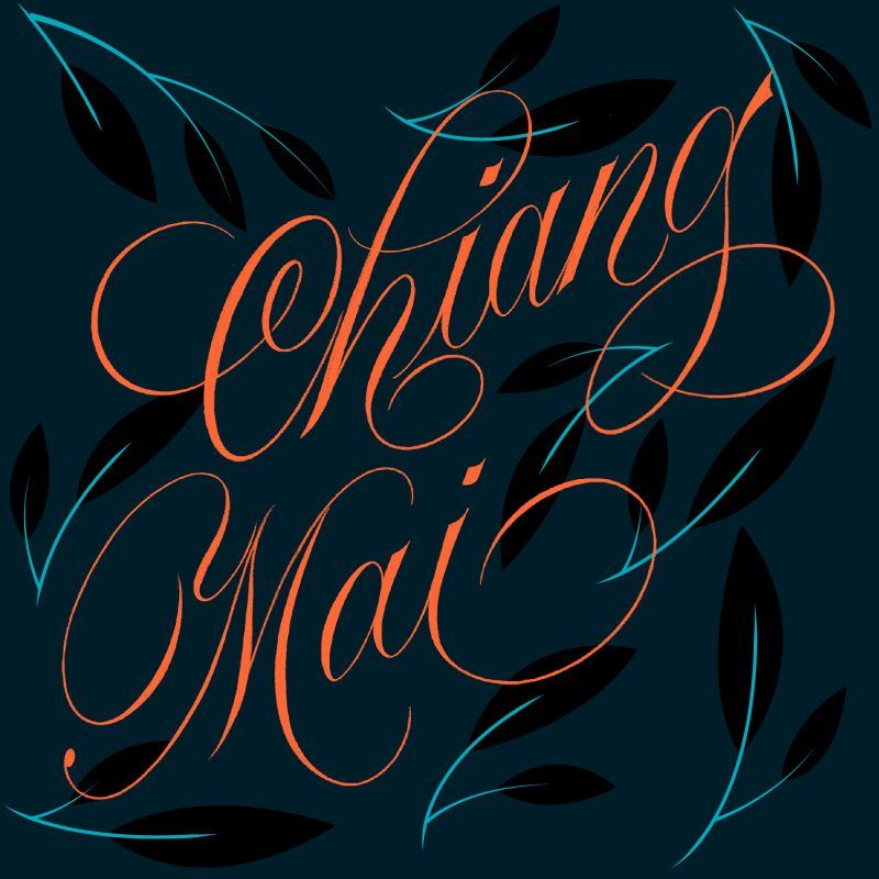 Chiang Mai orange script lettering design surrounded by black and blue.