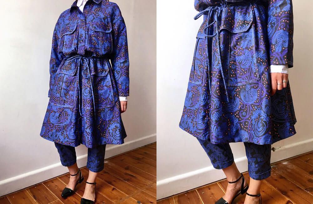 Person wearing a blue patterned coat and leggings, shown in two side-by-side views indoors.