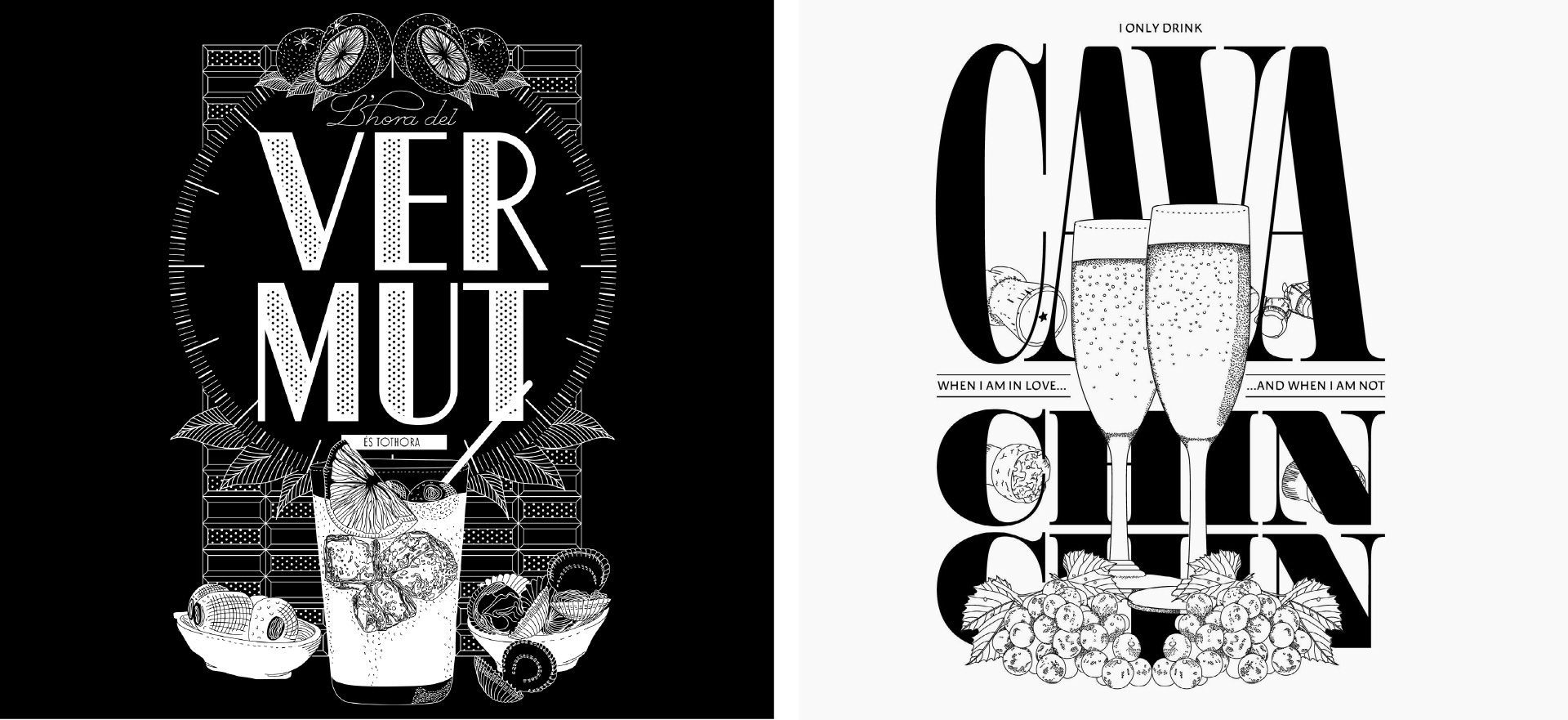 Two black-and-white poster designs with bold typography and decorative floral borders.