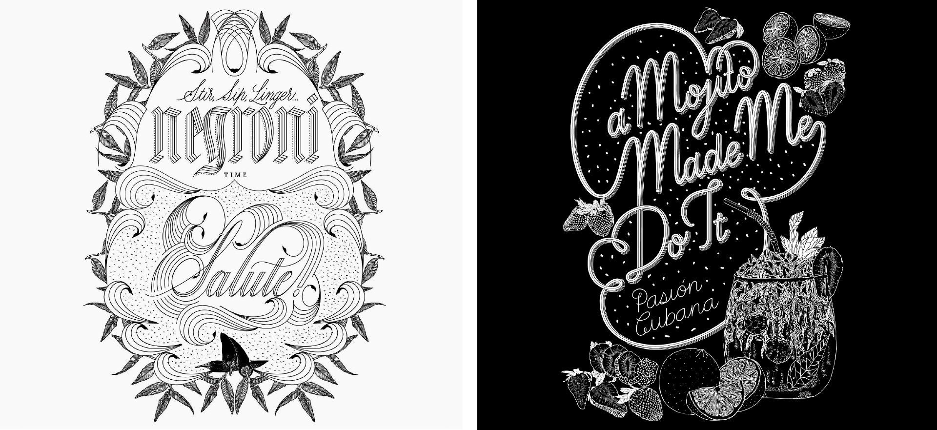 Two black-and-white quote designs with decorative lettering and floral accents on white backgrounds
