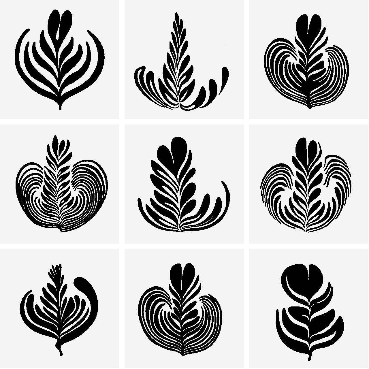 A grid of nine black-and-white graphic icons showcasing various latte art rosetta patterns on a light gray background.