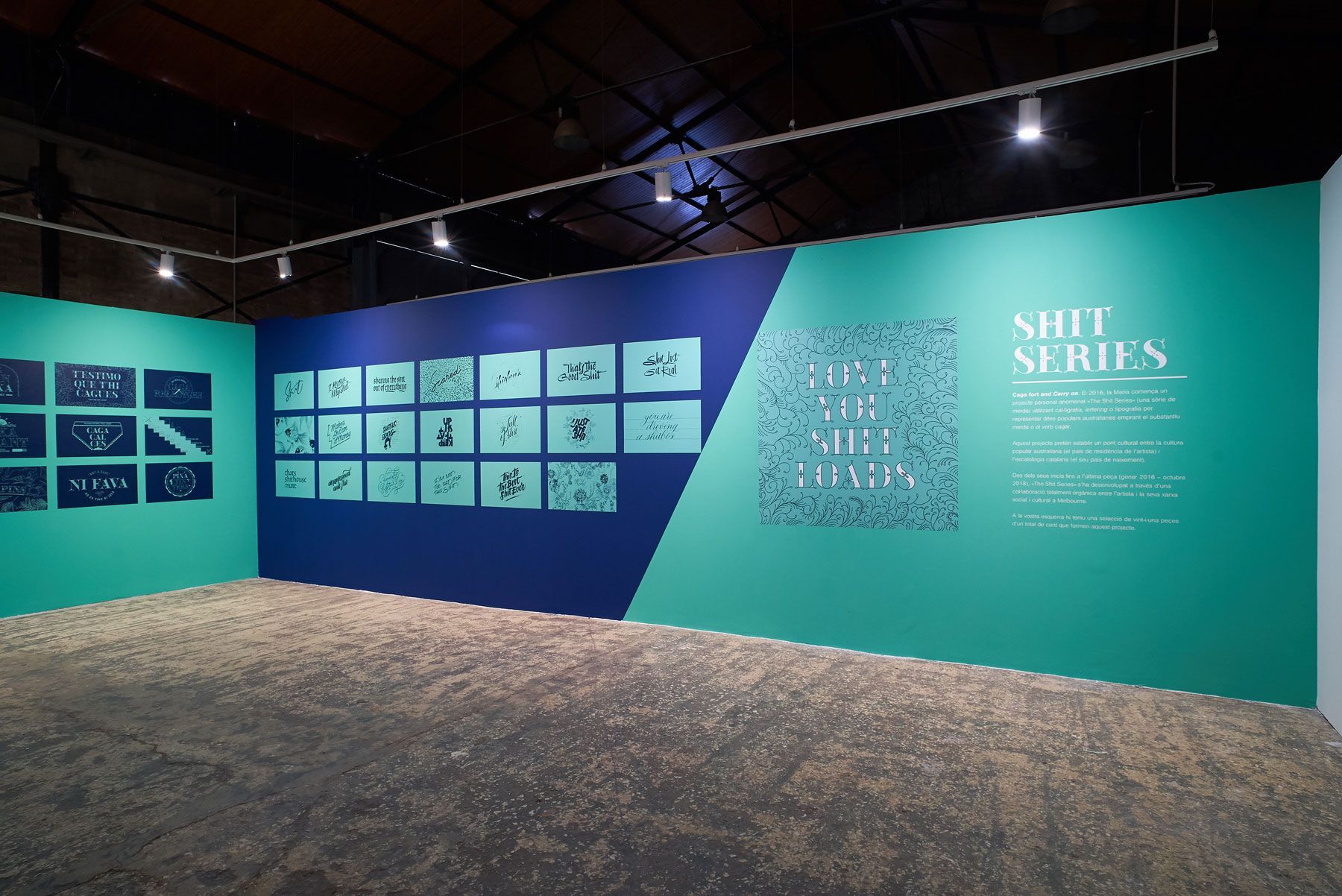 Turquoise gallery wall with framed artwork and exhibit text under spotlights on a carpeted floor