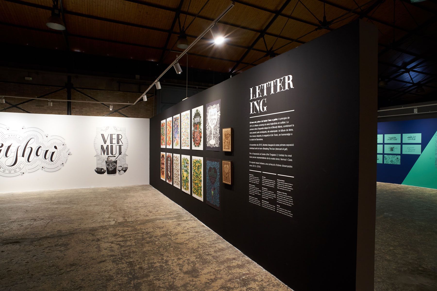 Museum exhibit hallway with black display wall, white text panels, and colorful artwork under spotlights
