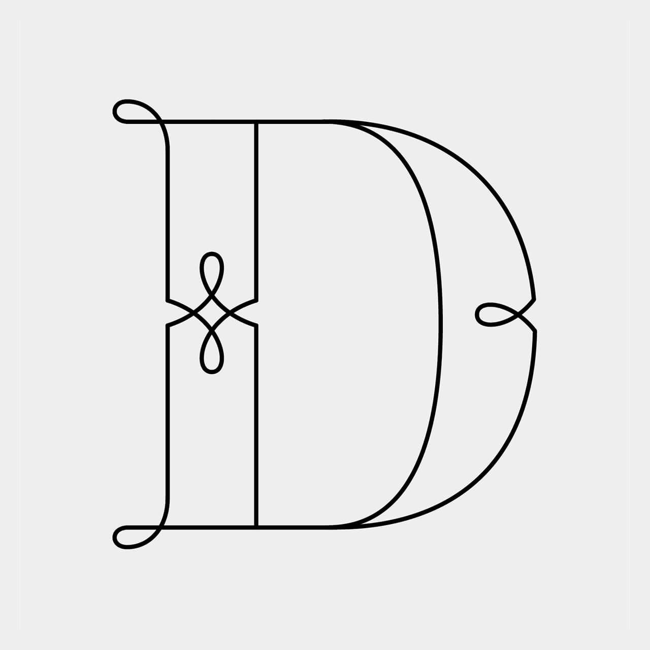 Green Fairy Font. Black line drawing of a stylized letter D with a small inner knot-like loop on a white background