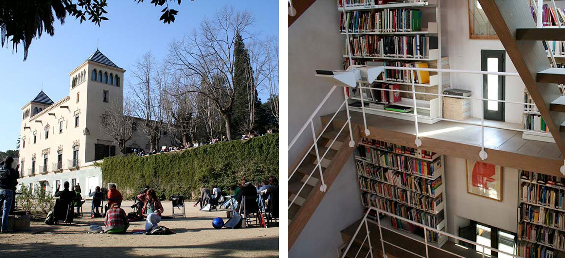 A split-view showing the exterior of a light-colored building with a garden and an interior multi-level library.