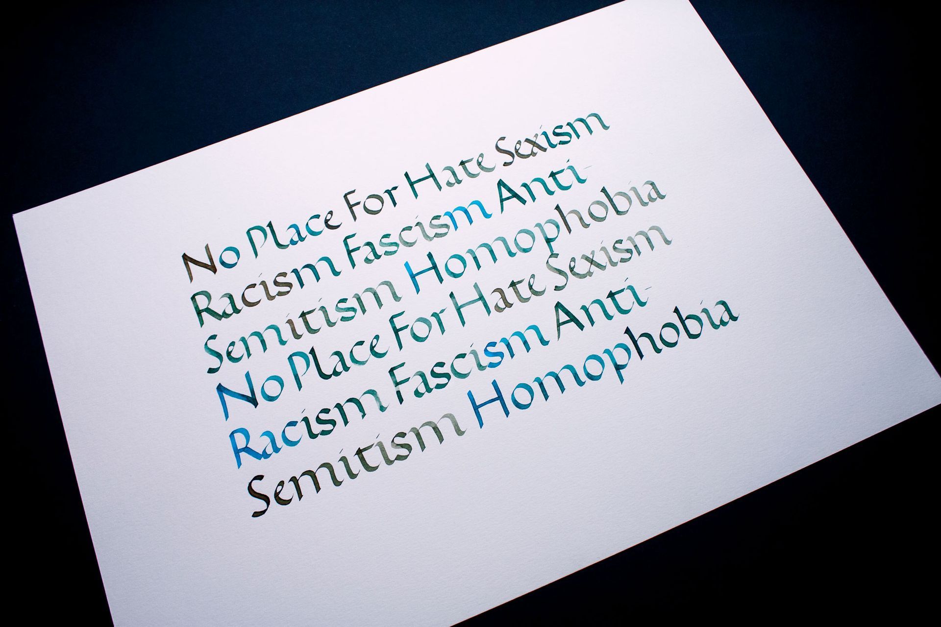 White paper with handwritten anti-hate phrases on a dark background, including “No Place For Hate” and “Racism.”